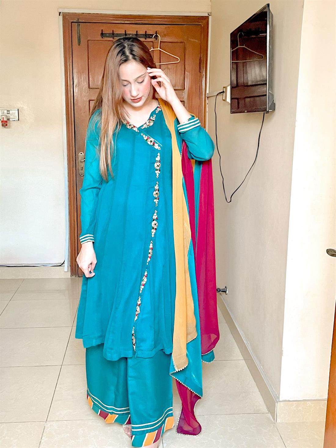 Sea Green & Multicolour Beaded Angrakha Chiffon 3 Piece Suit