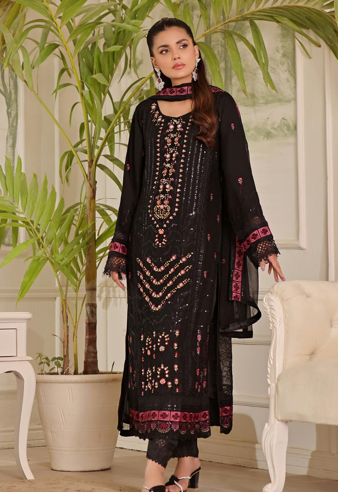 Black Embroidered Raw Silk Luxury Pret