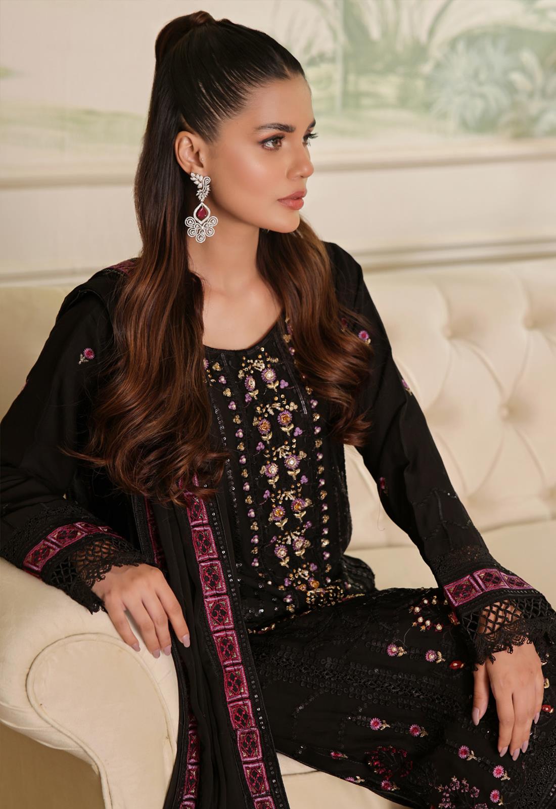 Black Embroidered Raw Silk Luxury Pret
