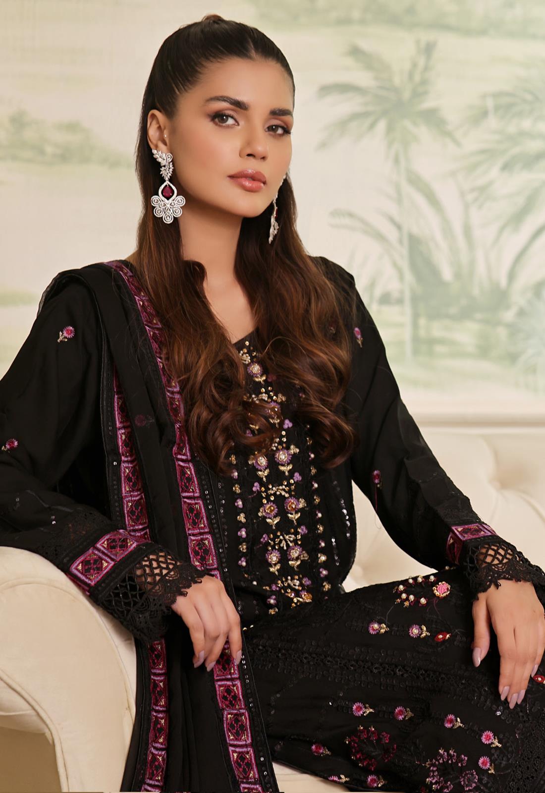 Black Embroidered Raw Silk Luxury Pret