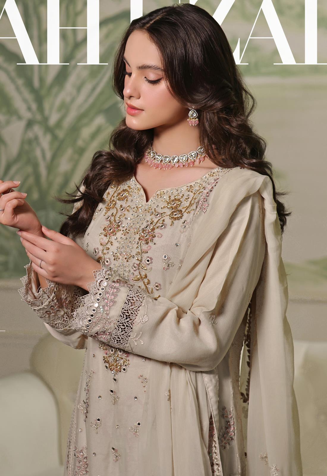 Beige Embroidered Raw Silk Luxury Pret