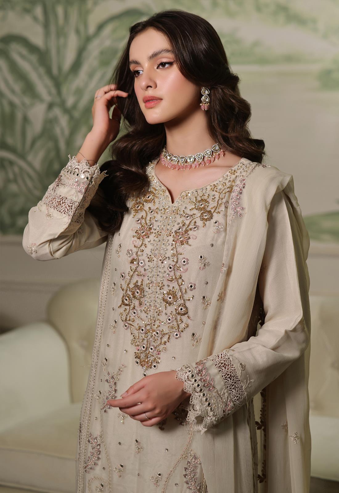 Beige Embroidered Raw Silk Luxury Pret
