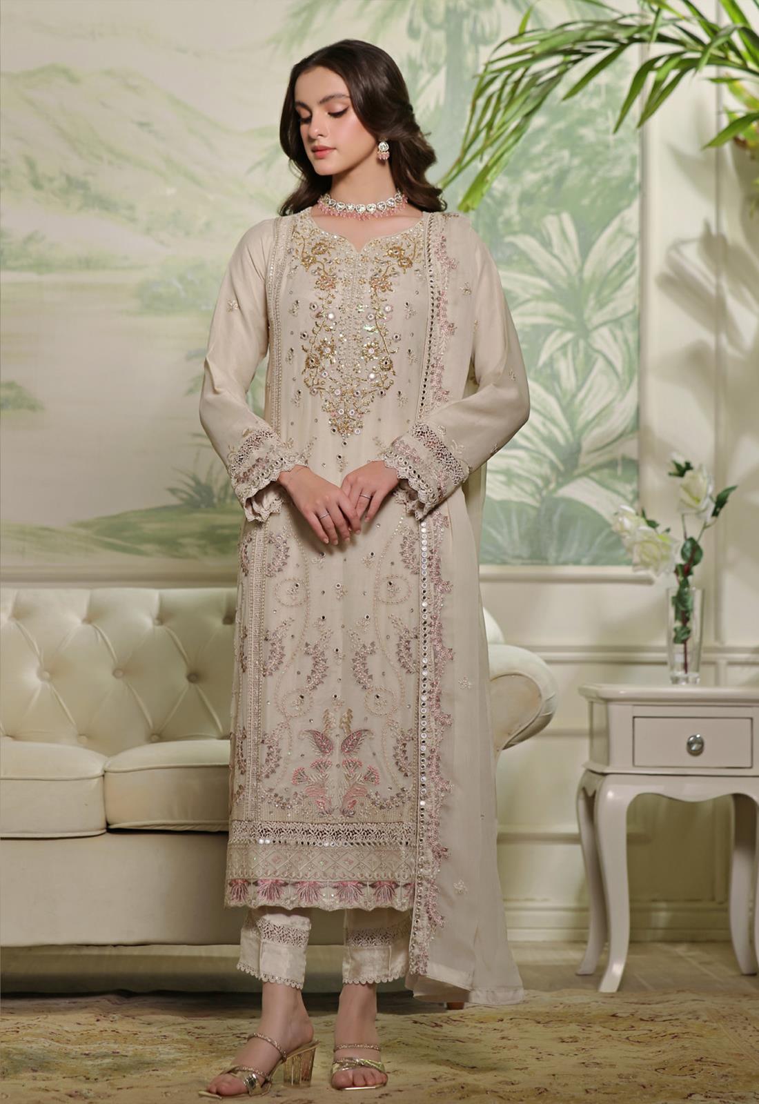 Beige Embroidered Raw Silk Luxury Pret