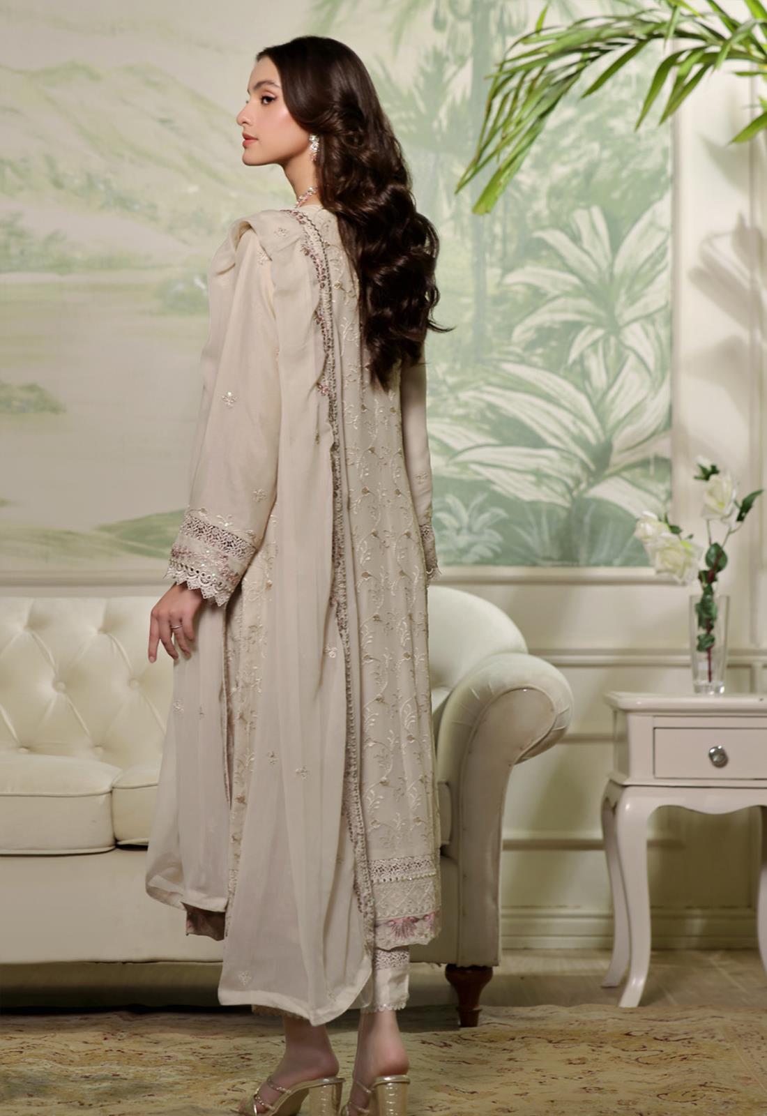 Beige Embroidered Raw Silk Luxury Pret