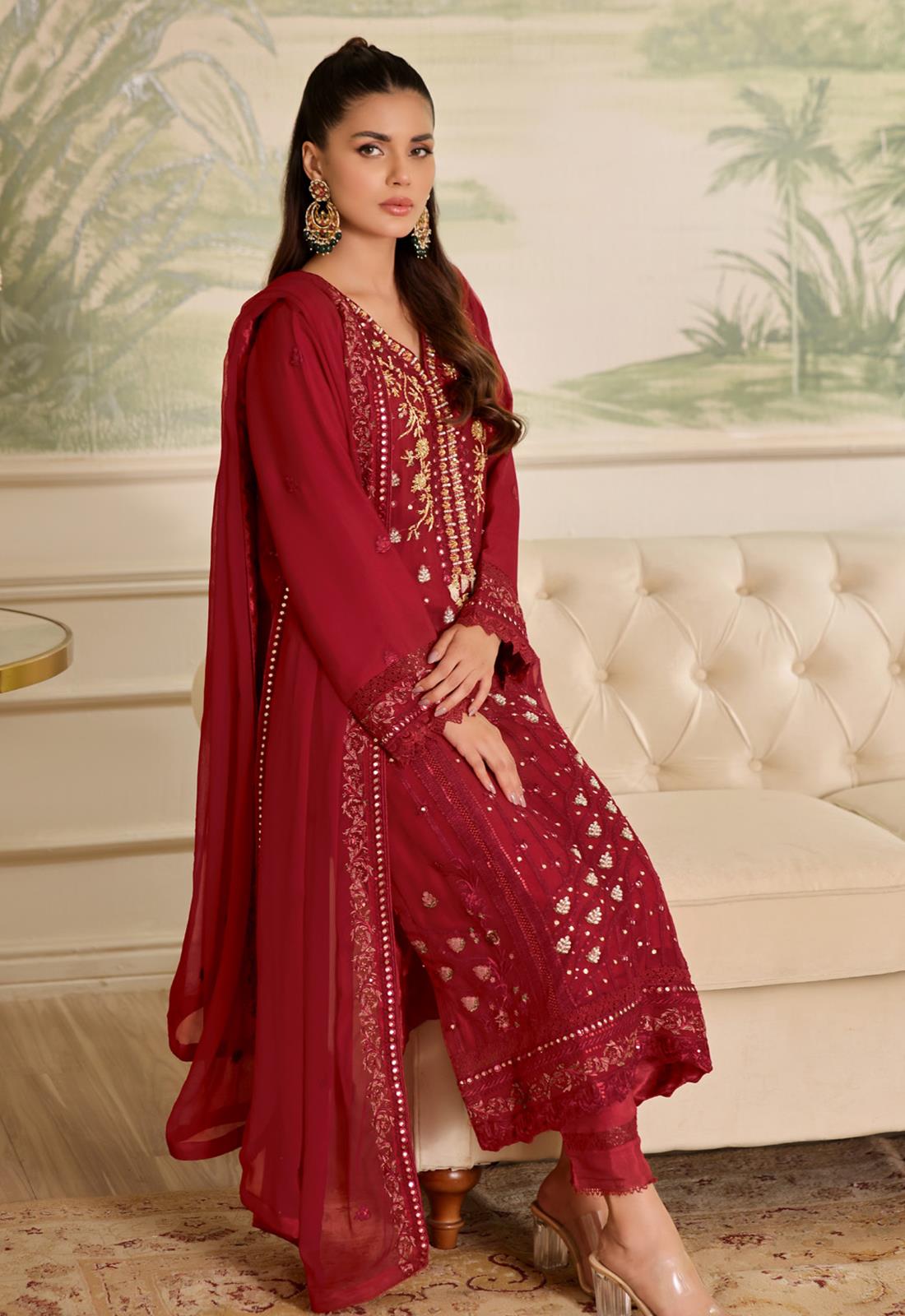 Red Embroidered Raw Silk Luxury Pret