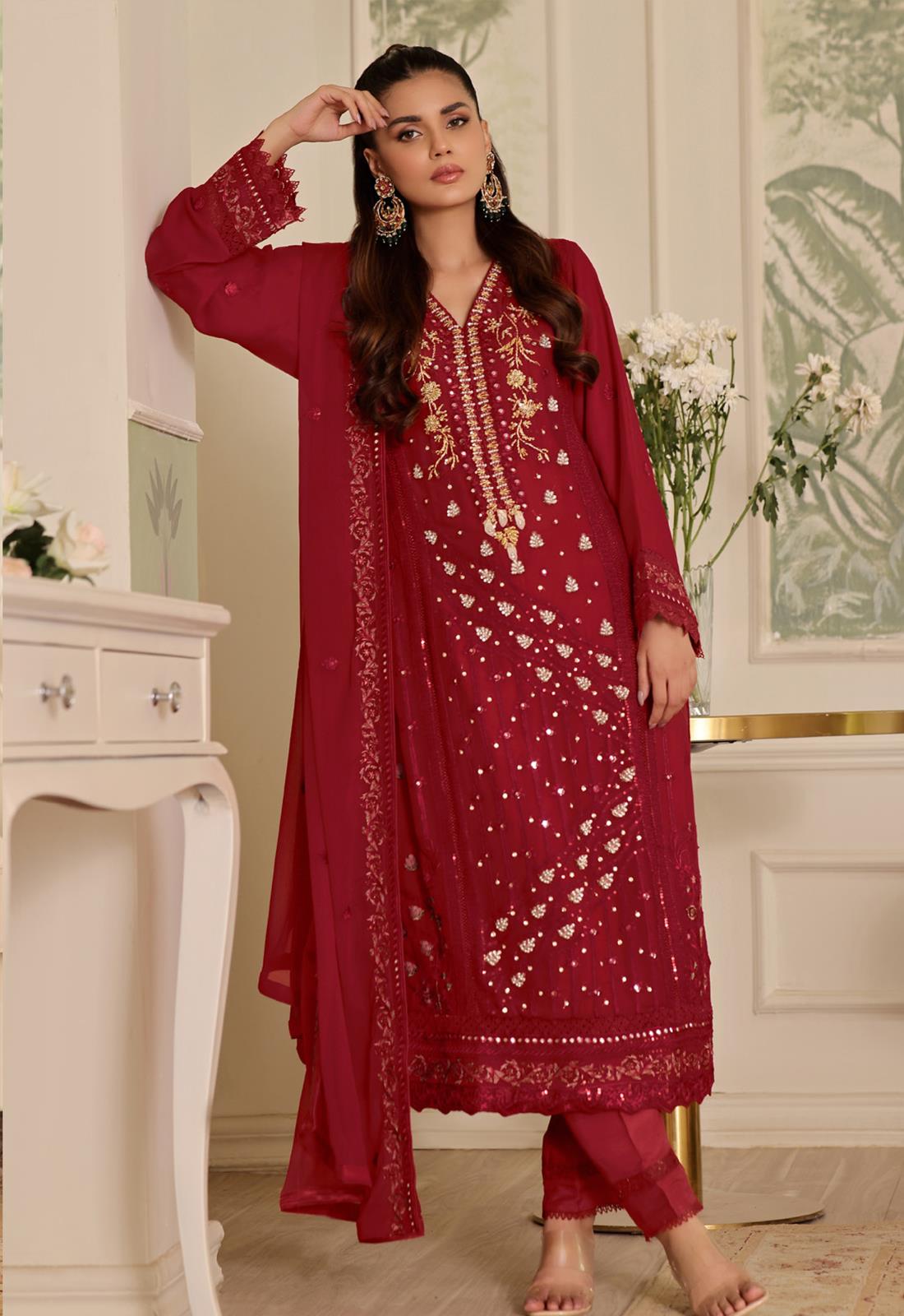 Red Embroidered Raw Silk Luxury Pret