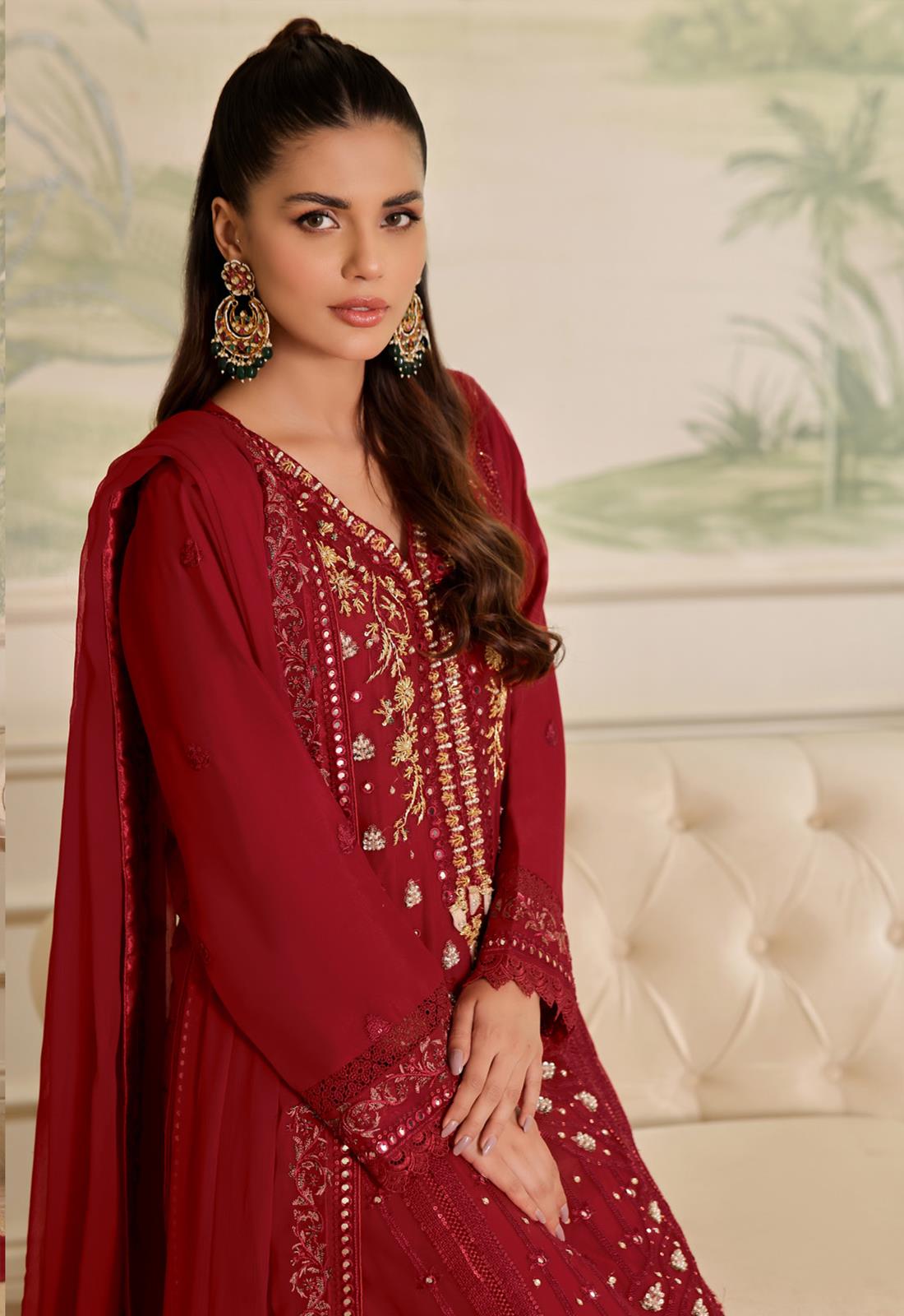 Red Embroidered Raw Silk Luxury Pret