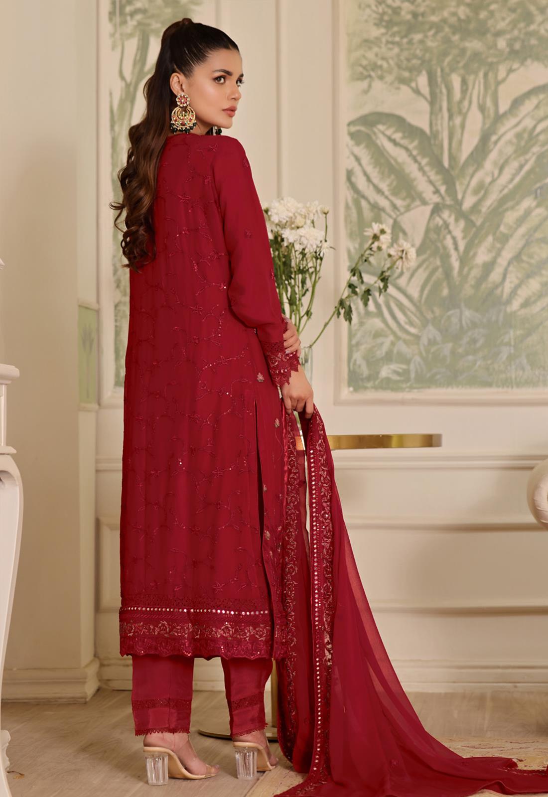 Red Embroidered Raw Silk Luxury Pret