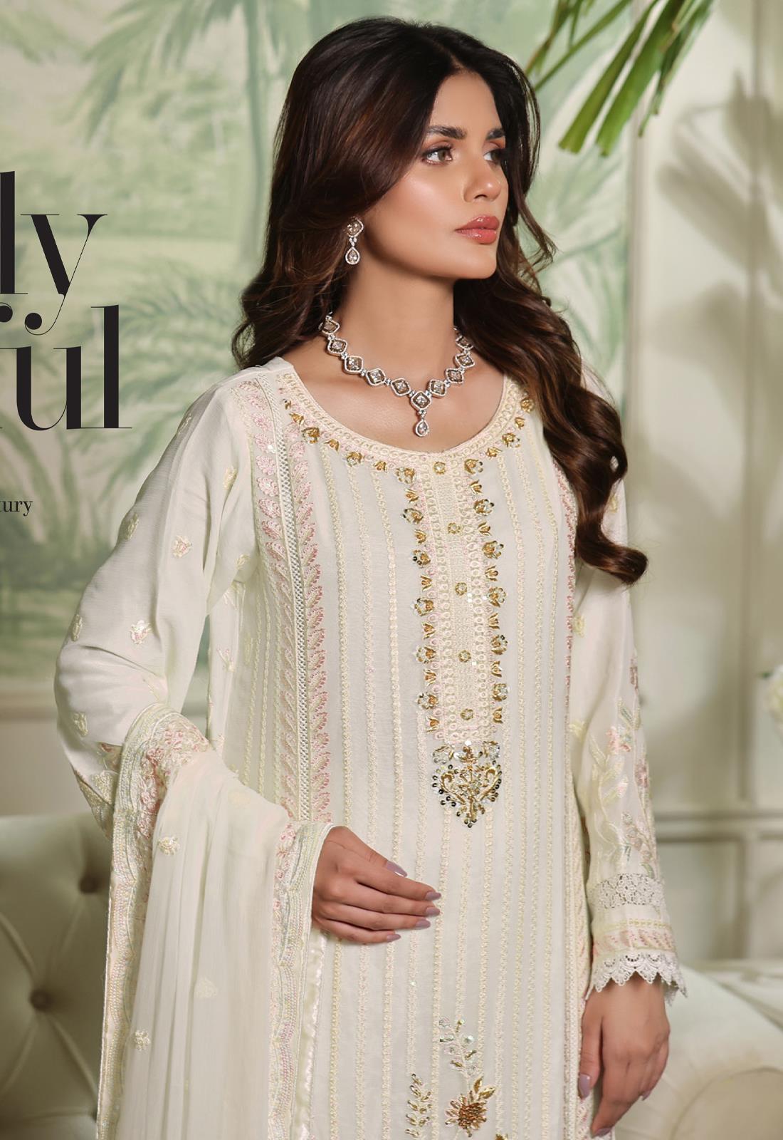 Cream Embroidered Raw Silk Luxury Pret