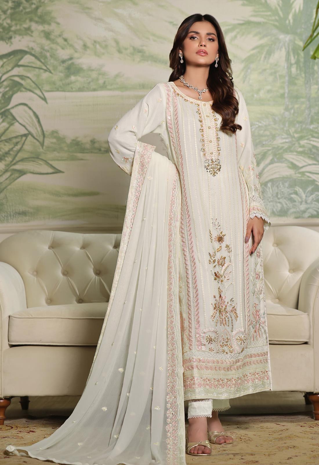 Cream Embroidered Raw Silk Luxury Pret