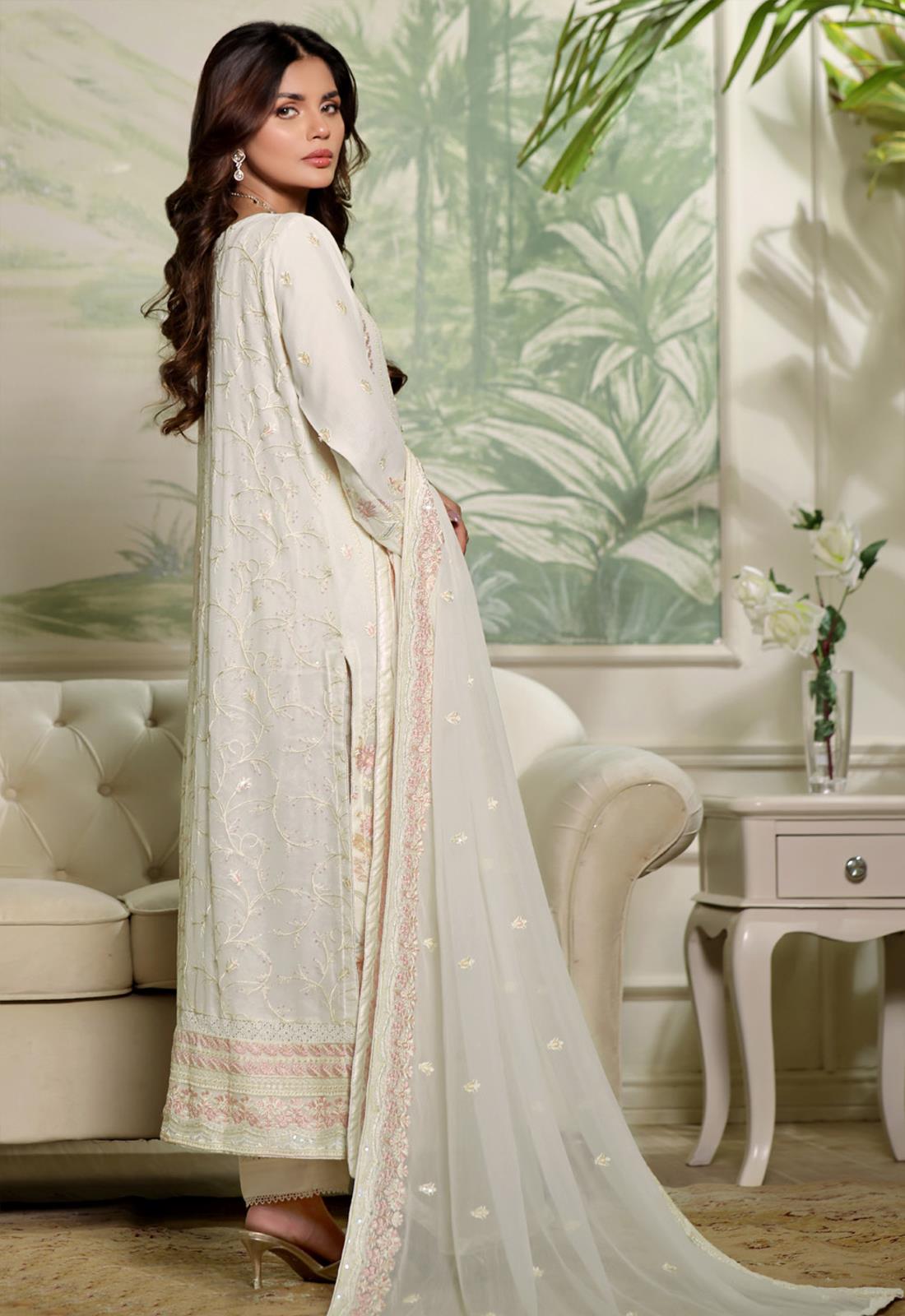 Cream Embroidered Raw Silk Luxury Pret