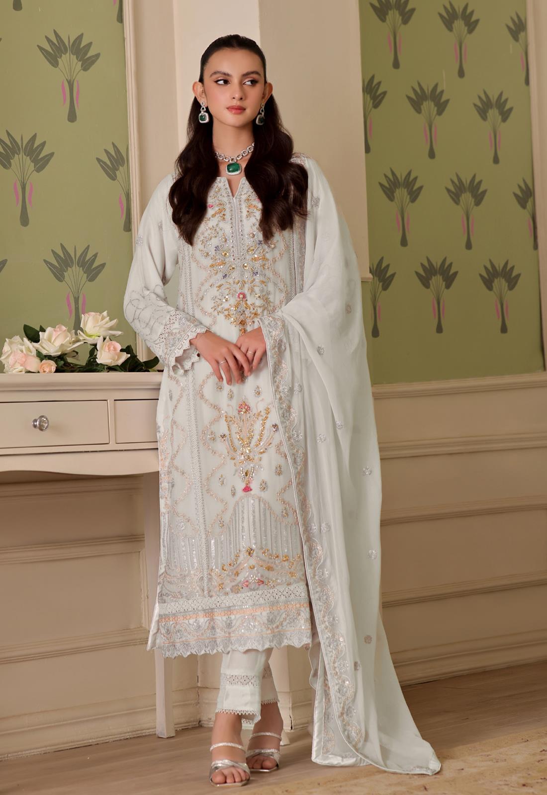 Powder Blue Embroidered Raw Silk Luxury Pret