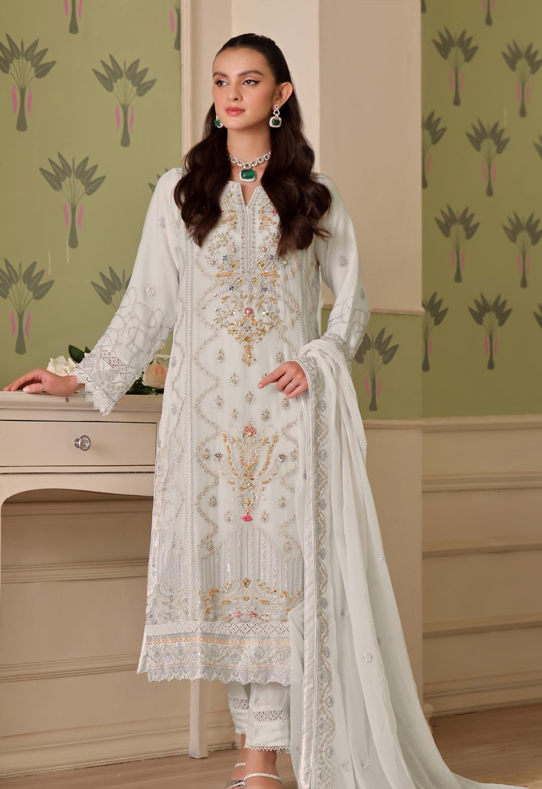 Powder Blue Embroidered Raw Silk Luxury Pret