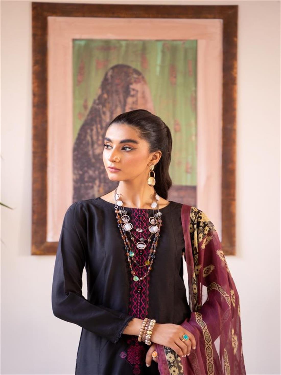 Black Multicolour Embroidered Chiffon Linen 3 Piece Suit