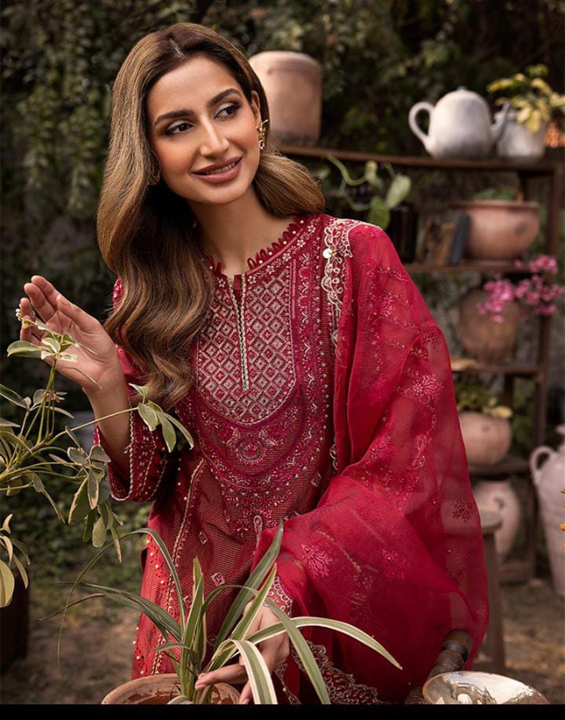 Red Embroidered Organza 3 Piece Masoori Suits