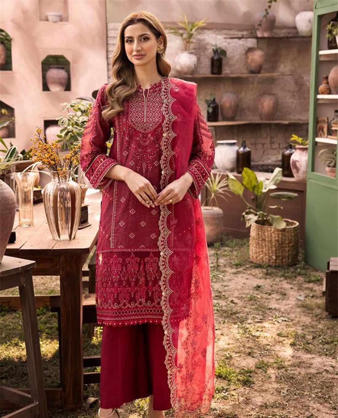 Red Embroidered Organza 3 Piece Masoori Suits