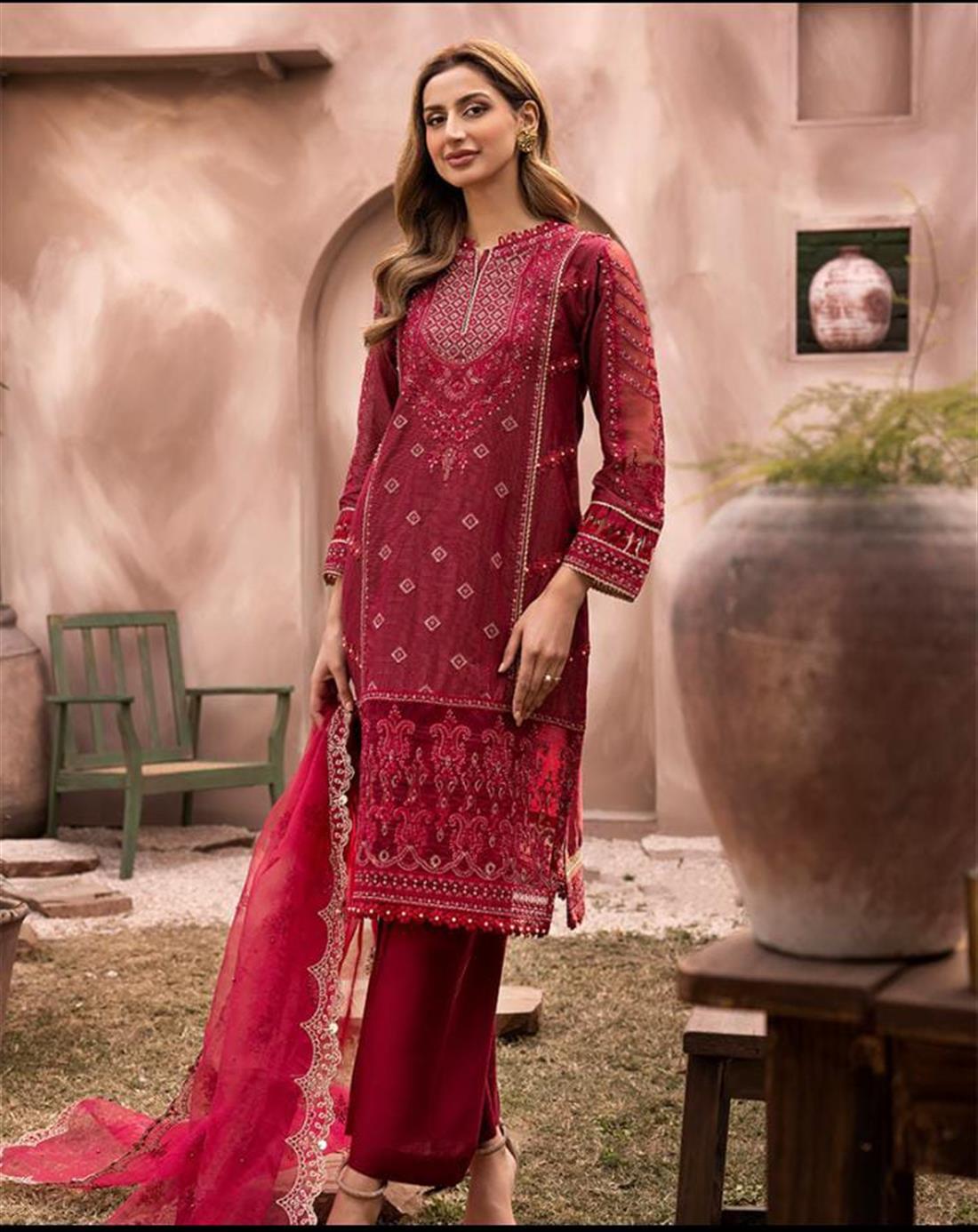 Red Embroidered Organza 3 Piece Masoori Suits