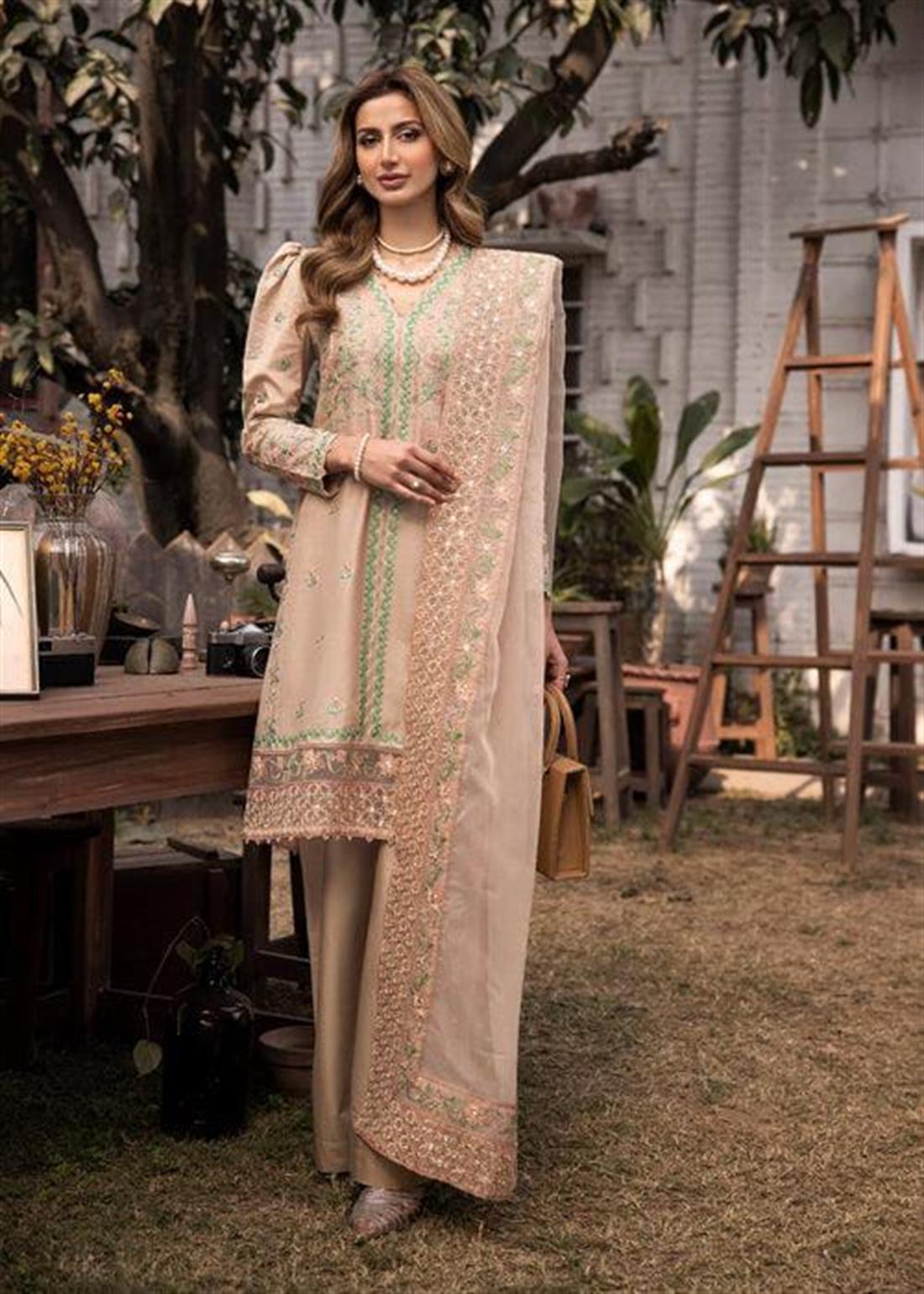 Beige Embroidered Organza 3 Piece Ladies Masoori Lawn Suits