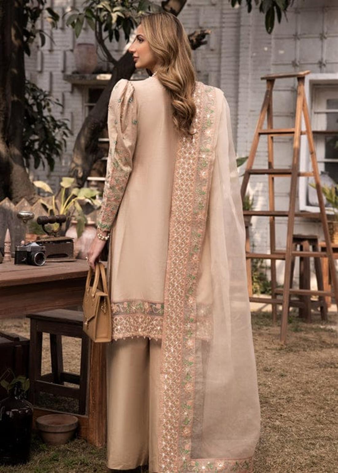 Beige Embroidered Organza 3 Piece Ladies Masoori Lawn Suits
