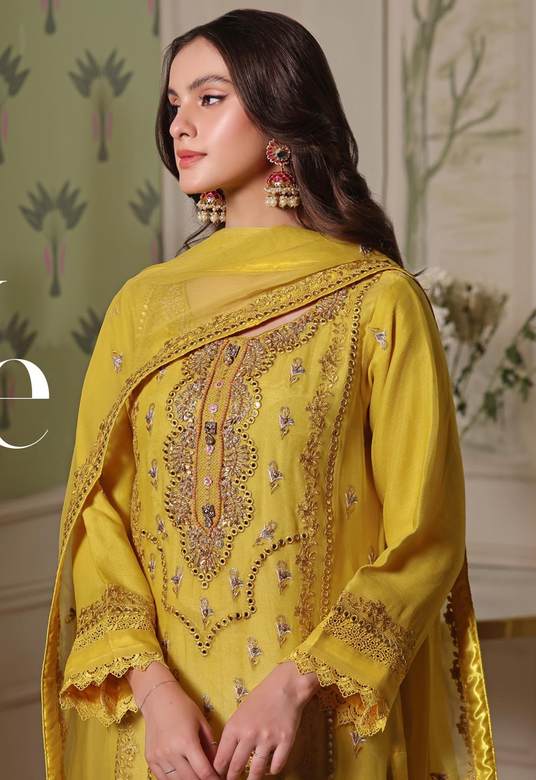 Mustard Mirror Work Chiffon Gharara Luxury Pret