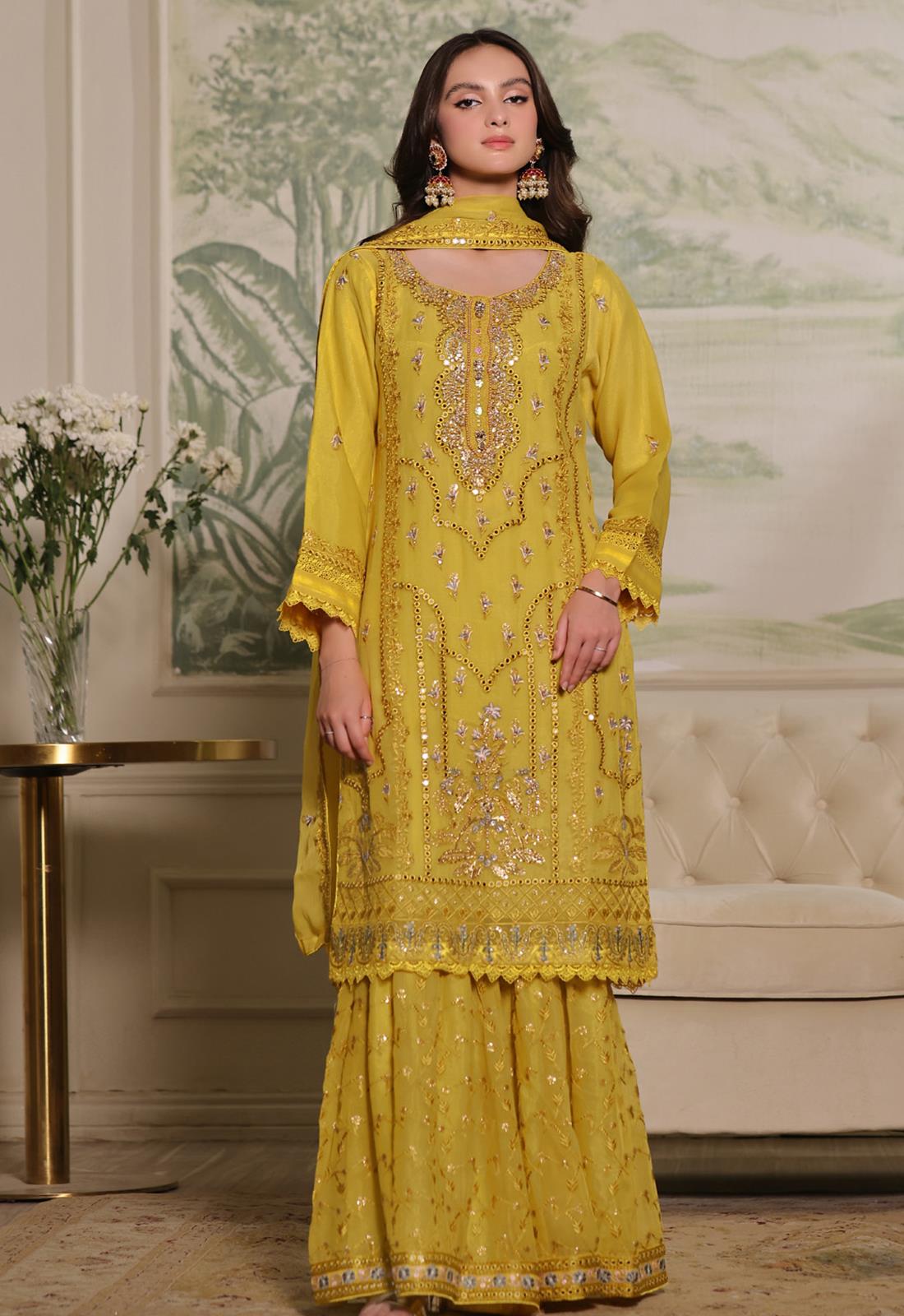Mustard Mirror Work Chiffon Gharara Luxury Pret