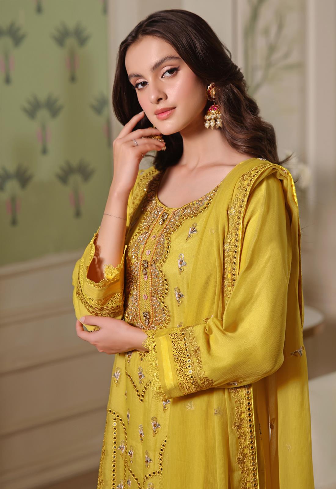 Mustard Mirror Work Chiffon Gharara Luxury Pret