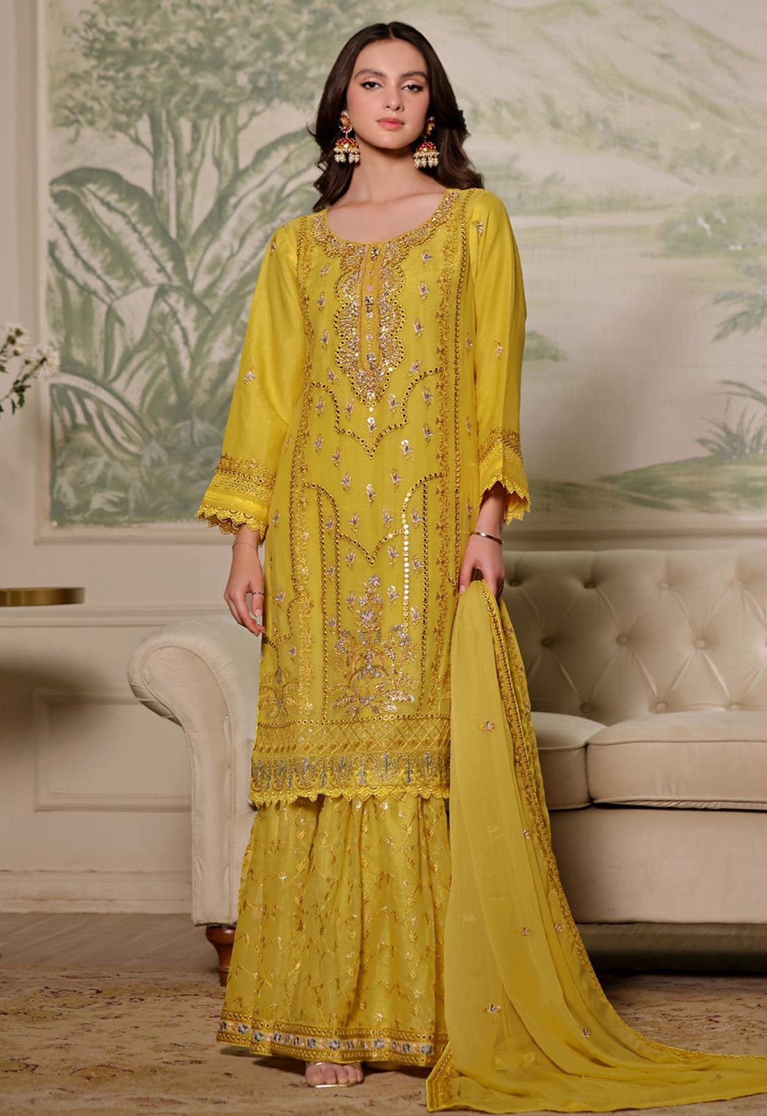 Mustard Mirror Work Chiffon Gharara Luxury Pret