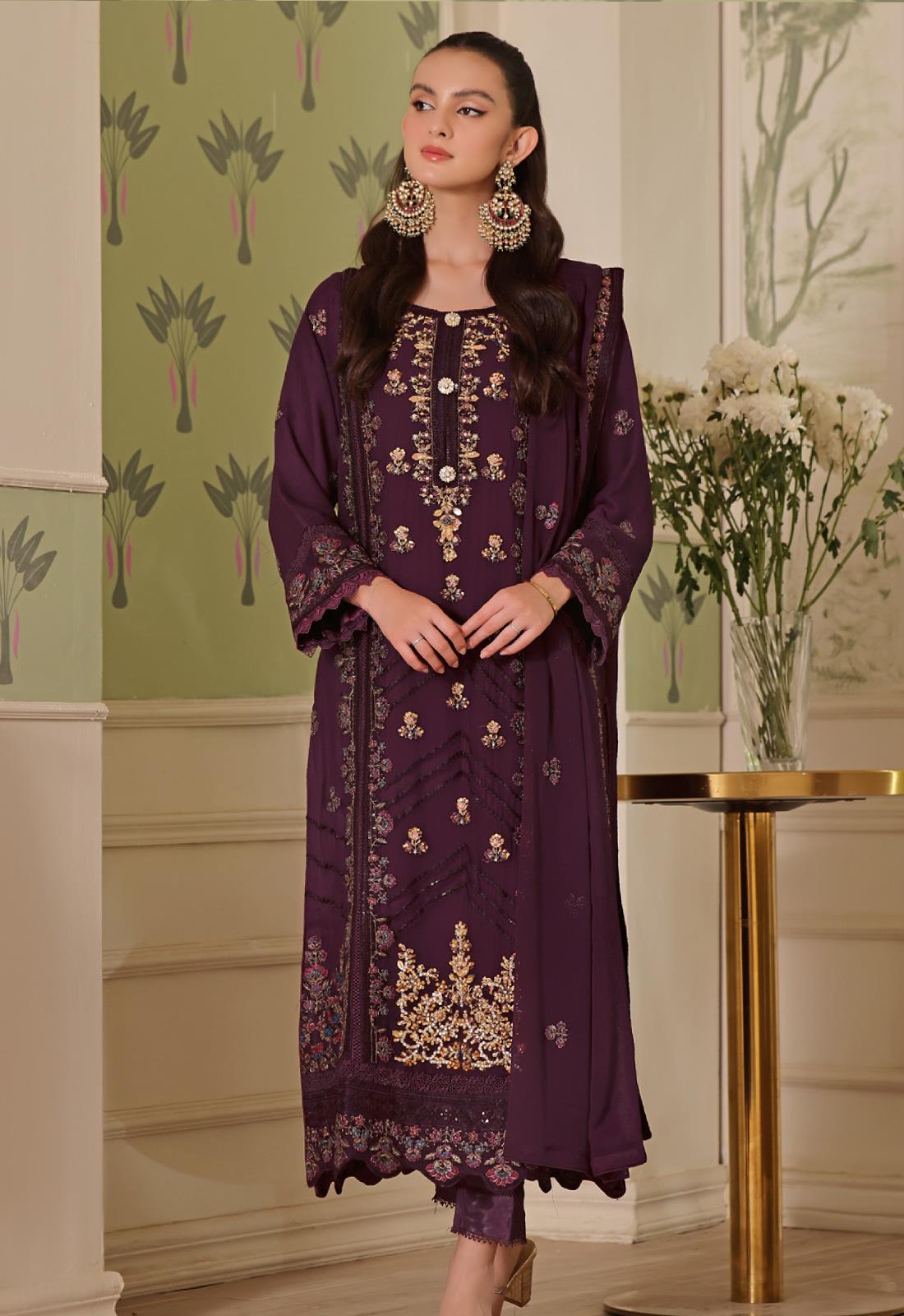 Plum Embroidered Chiffon Luxury Pret