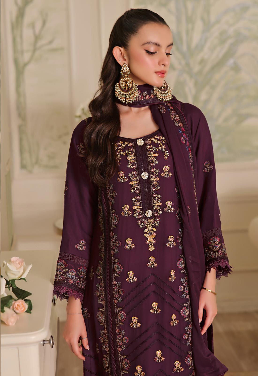 Plum Embroidered Chiffon Luxury Pret