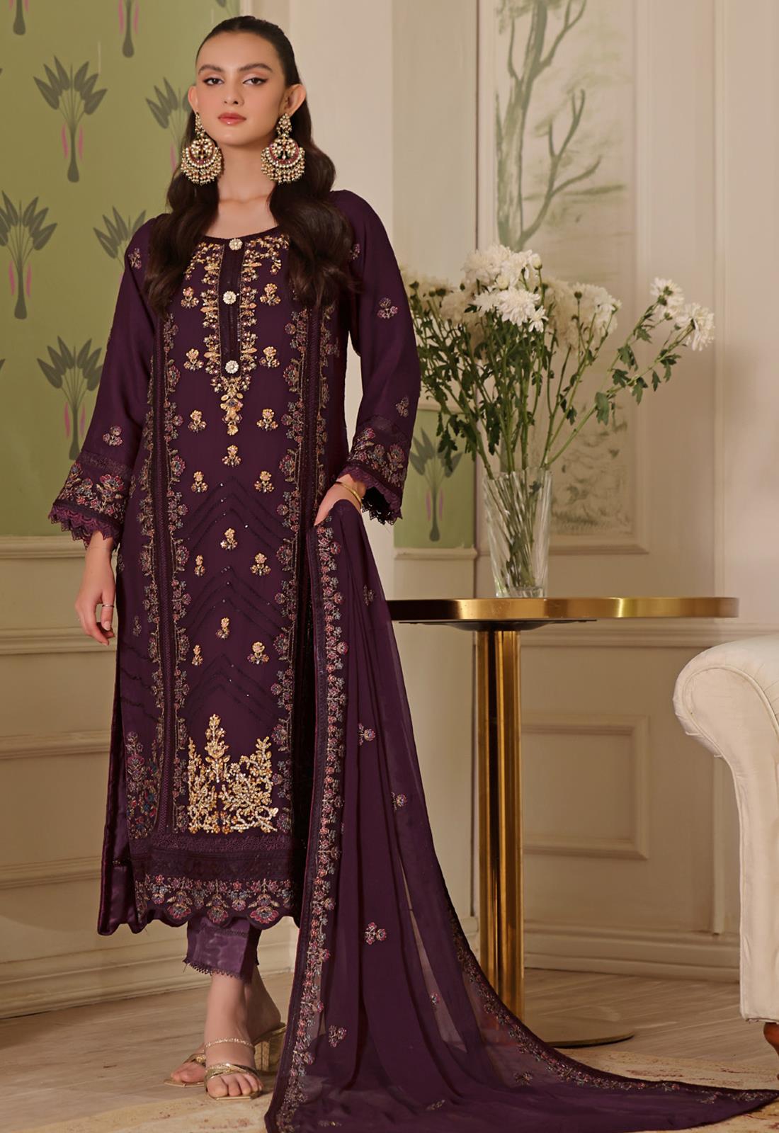 Plum Embroidered Chiffon Luxury Pret