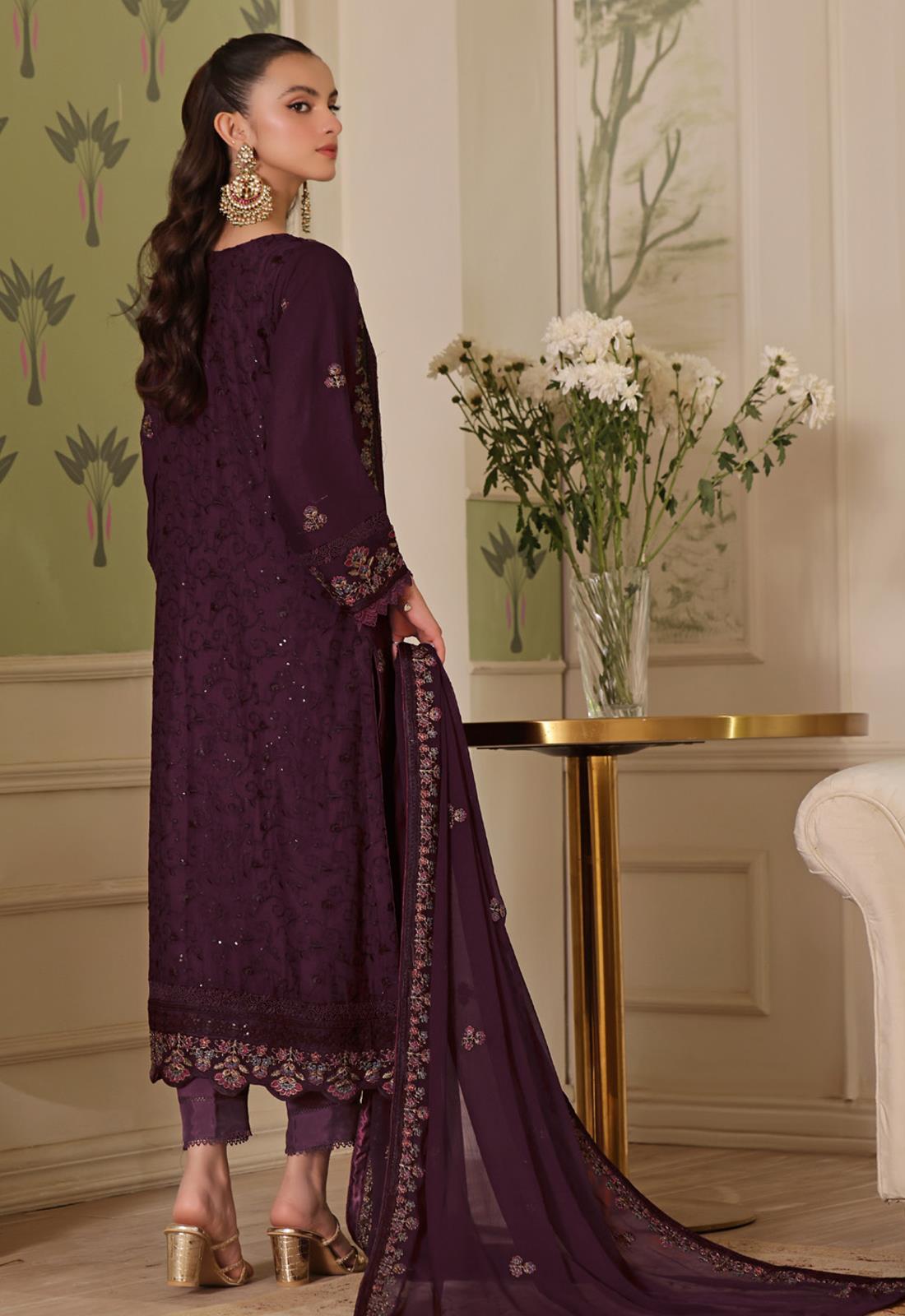 Plum Embroidered Chiffon Luxury Pret