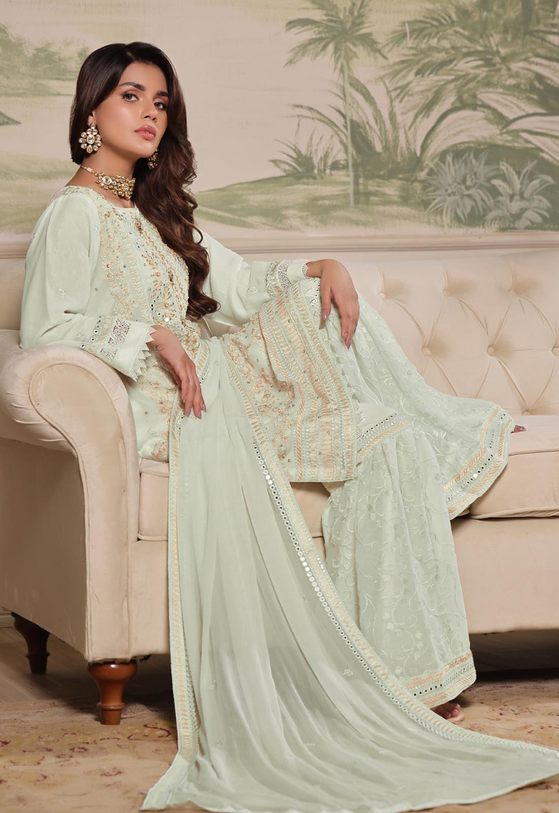 Light Mint Mirror Work Chiffon Gharara Luury Pret