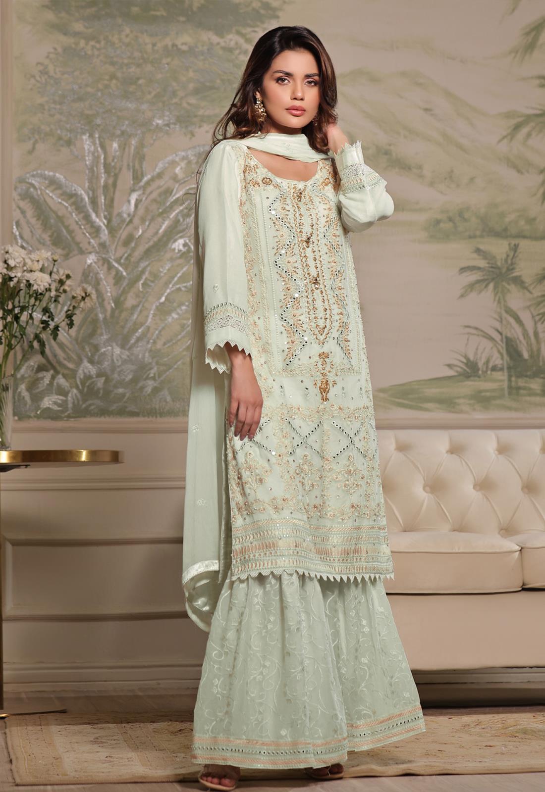 Light Mint Mirror Work Chiffon Gharara Luury Pret