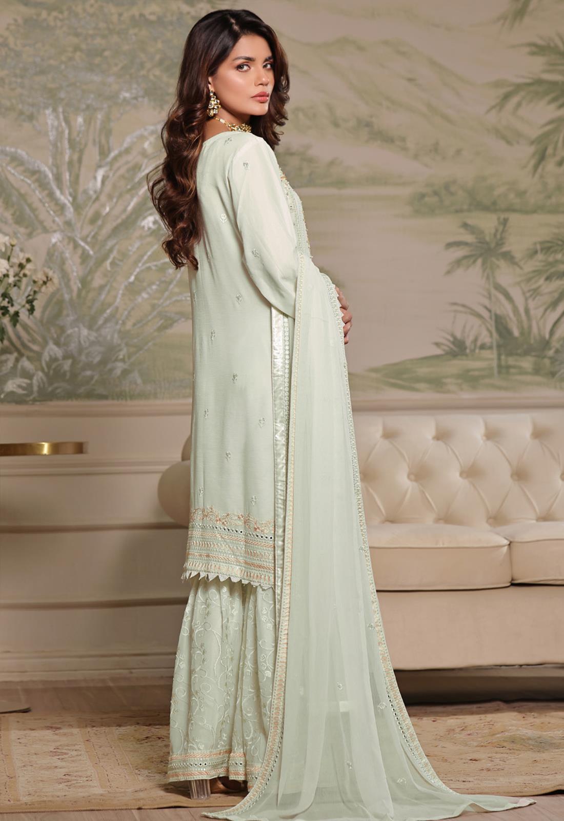 Light Mint Mirror Work Chiffon Gharara Luury Pret