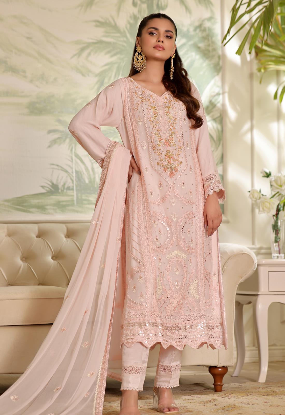 Baby Pink Embroidered Chiffon Luxury Pret