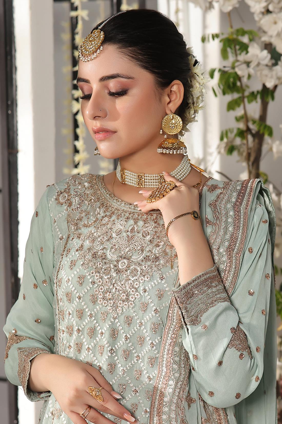 Mint Embroidered Raw Silk Maxi Chiffon Long Dress