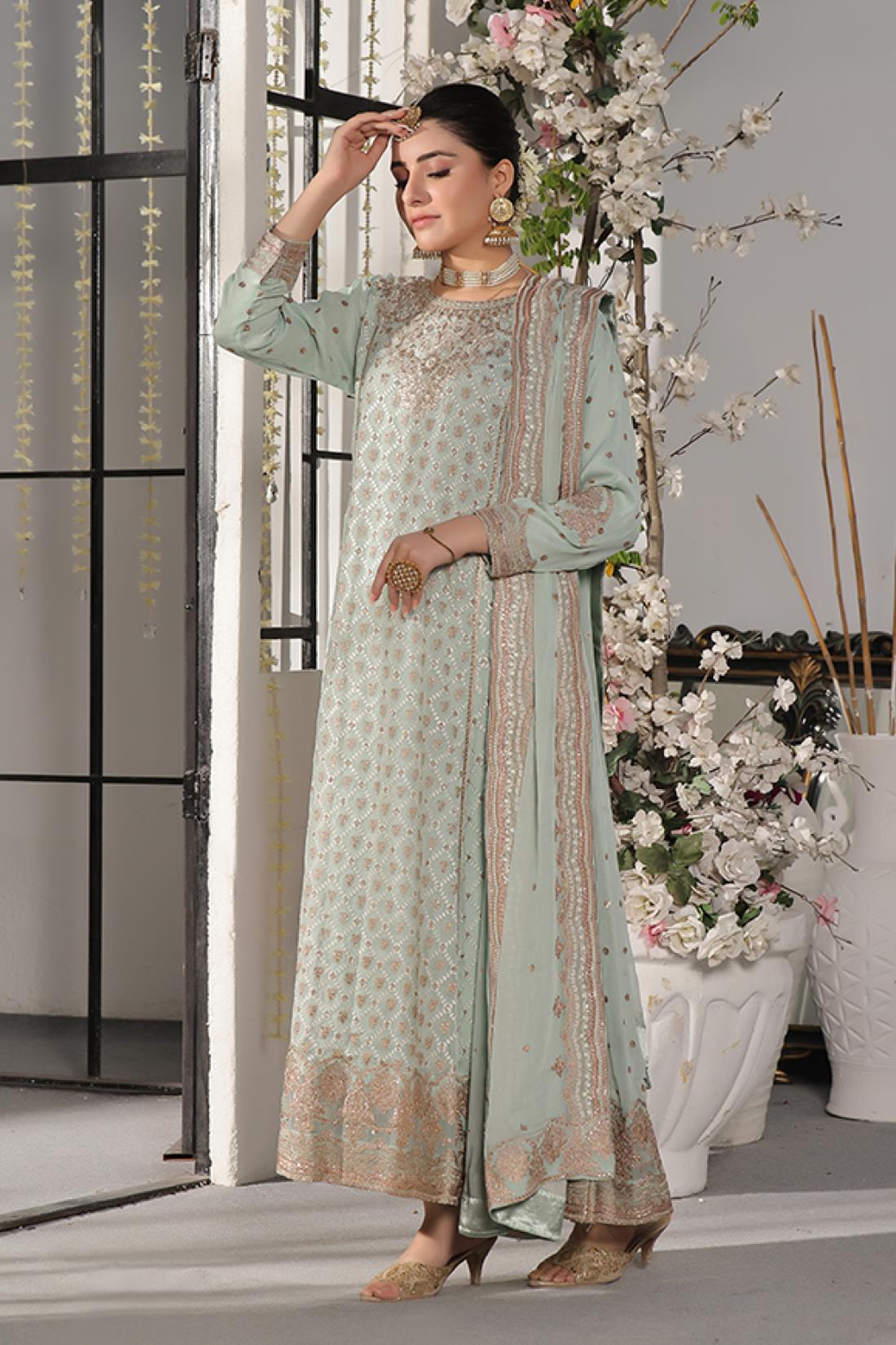 Mint Embroidered Raw Silk Maxi Chiffon Long Dress