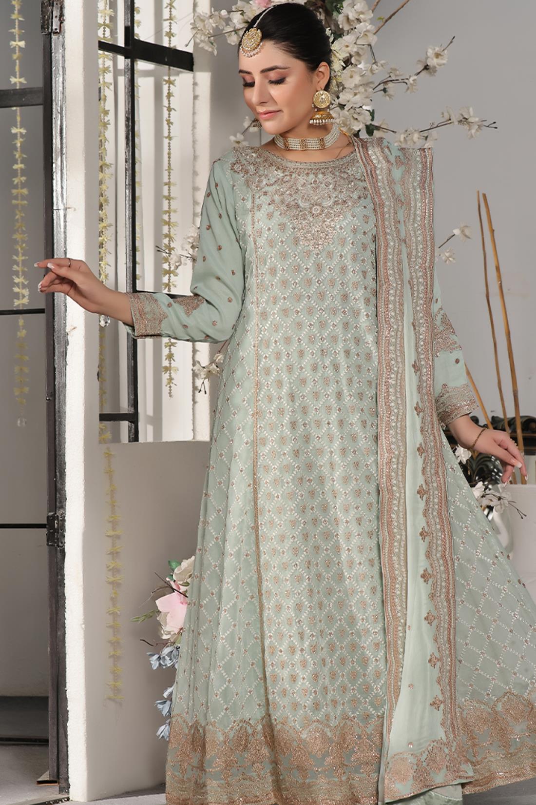 Mint Embroidered Raw Silk Maxi Chiffon Long Dress