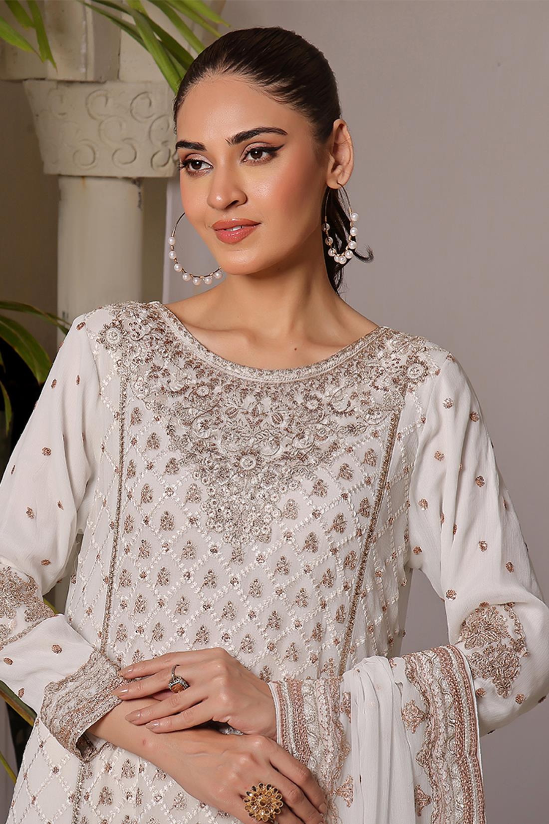 Off White Embroidered Raw Silk Maxi Chiffon Long Dress