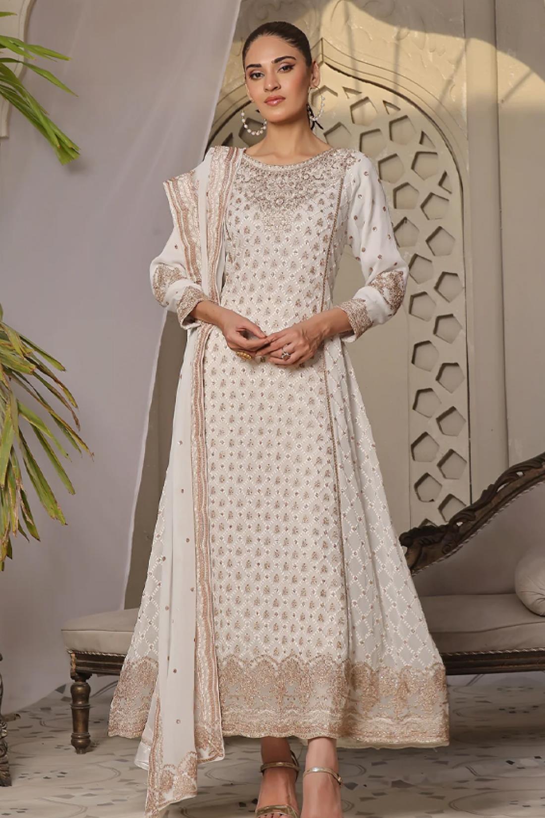 Off White Embroidered Raw Silk Maxi Chiffon Long Dress