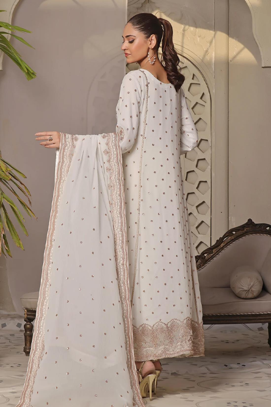 Off White Embroidered Raw Silk Maxi Chiffon Long Dress