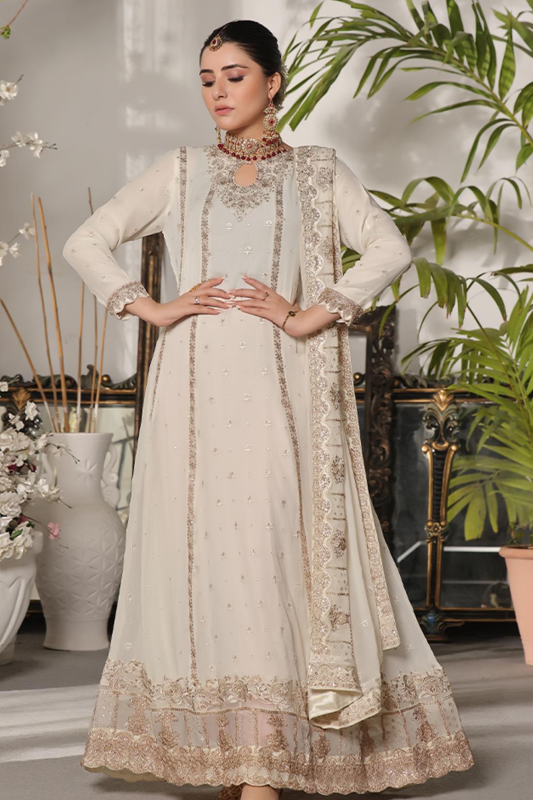 Off White Embroidered Raw Silk Maxi Chiffon Long Dress