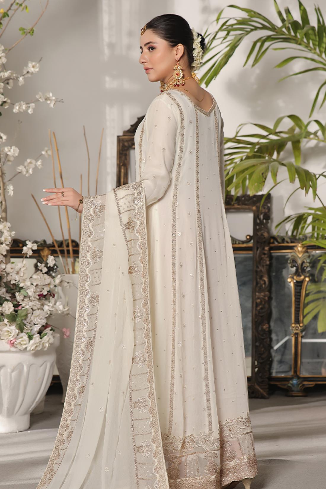 Off White Embroidered Raw Silk Maxi Chiffon Long Dress