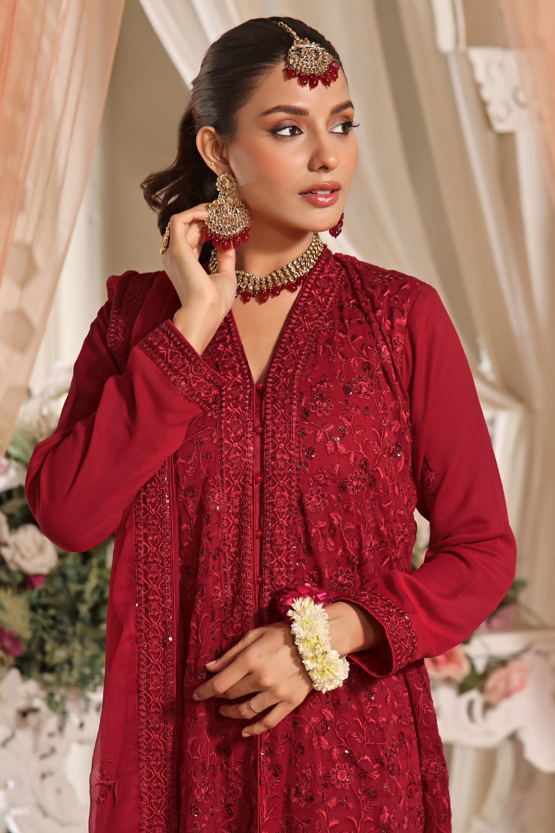 Red Cutwork Raw Silk Luxury Pret