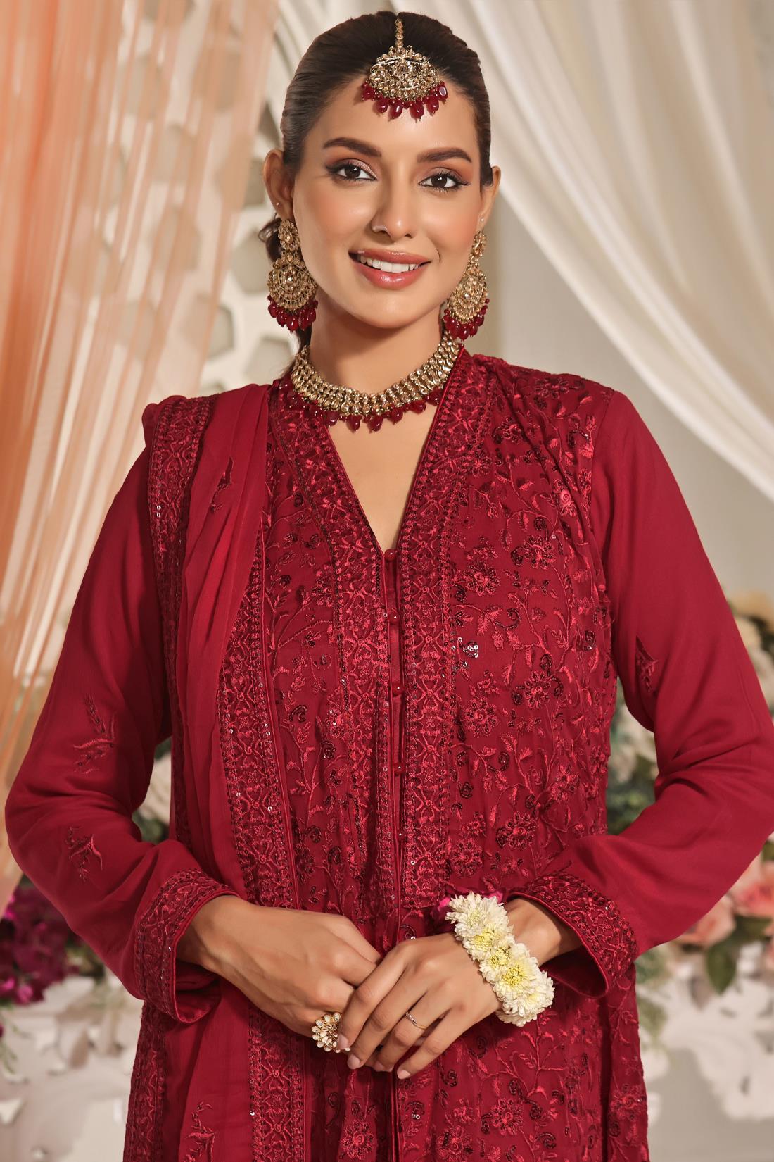 Red Cutwork Raw Silk Luxury Pret
