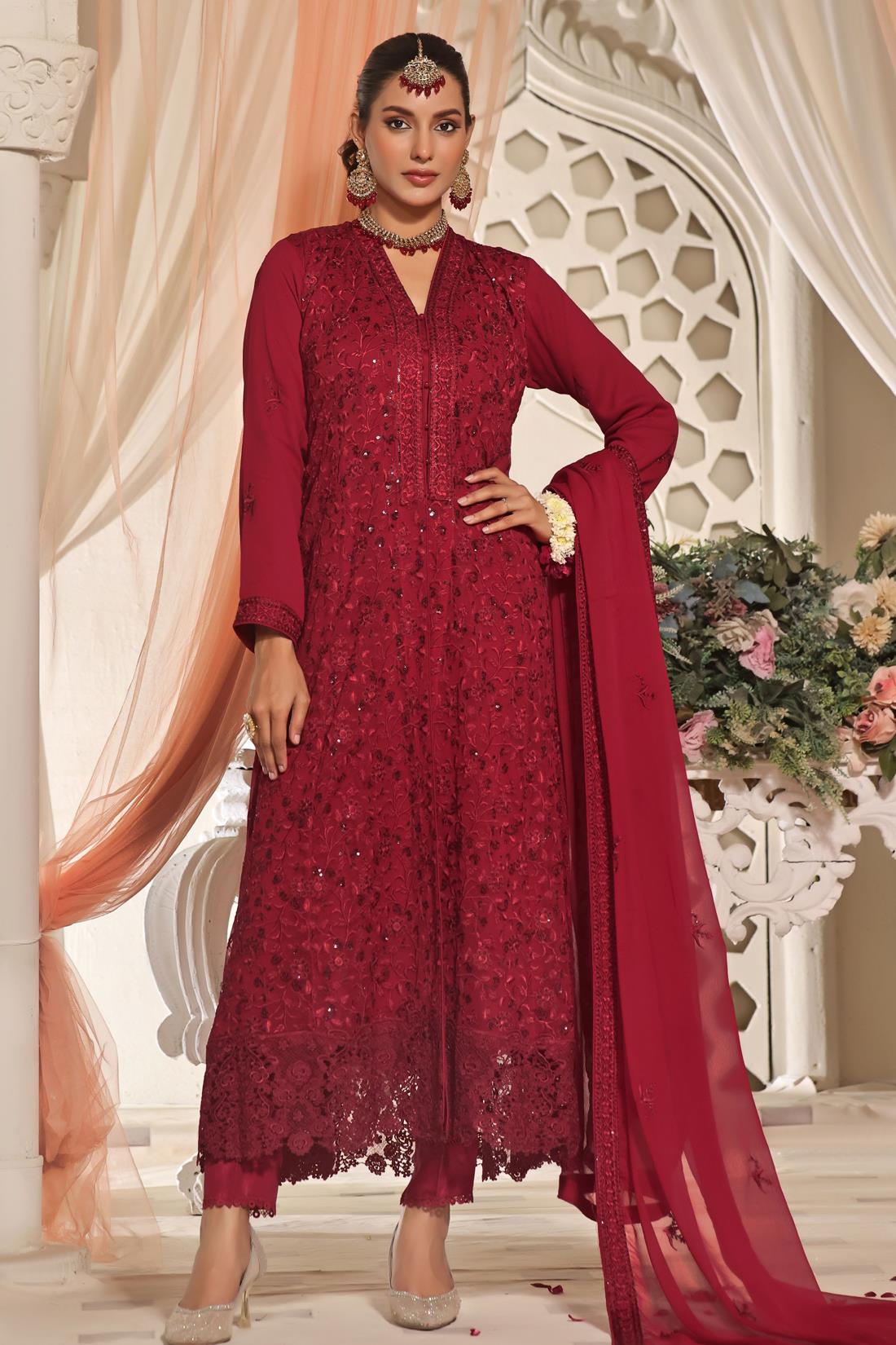 Red Cutwork Raw Silk Luxury Pret