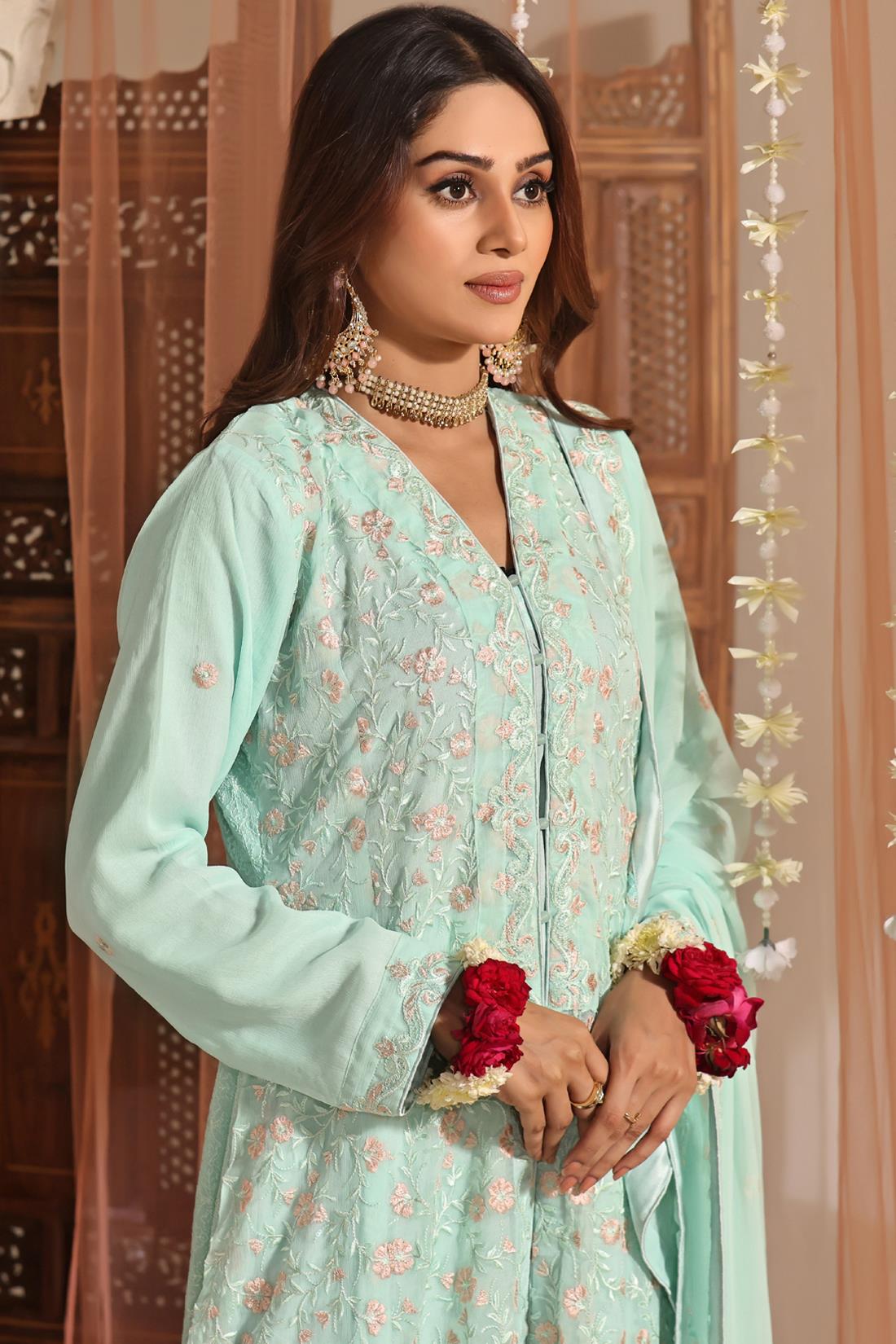 Mint Cutwork Raw Silk Luxury Pret