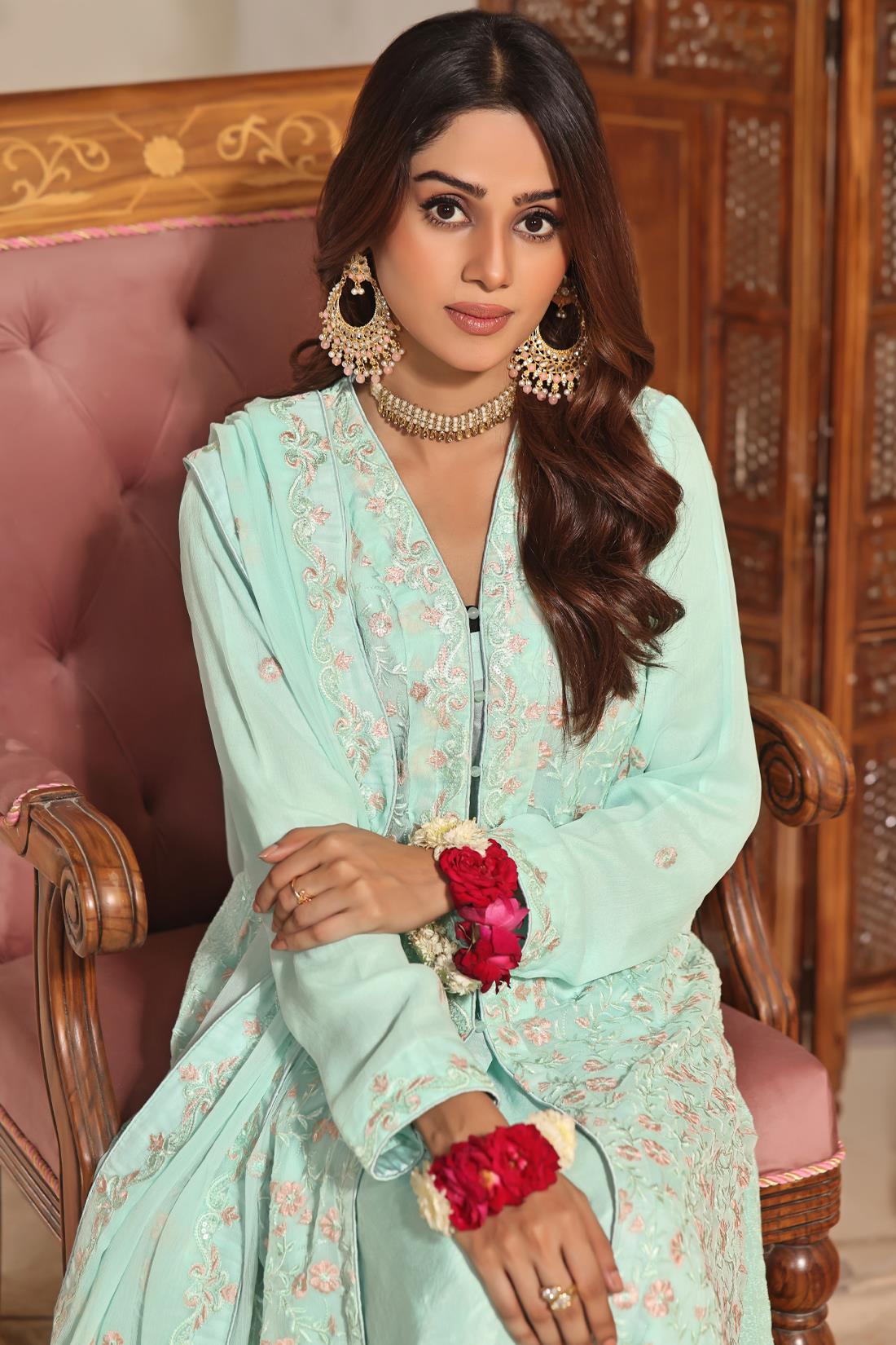 Mint Cutwork Raw Silk Luxury Pret