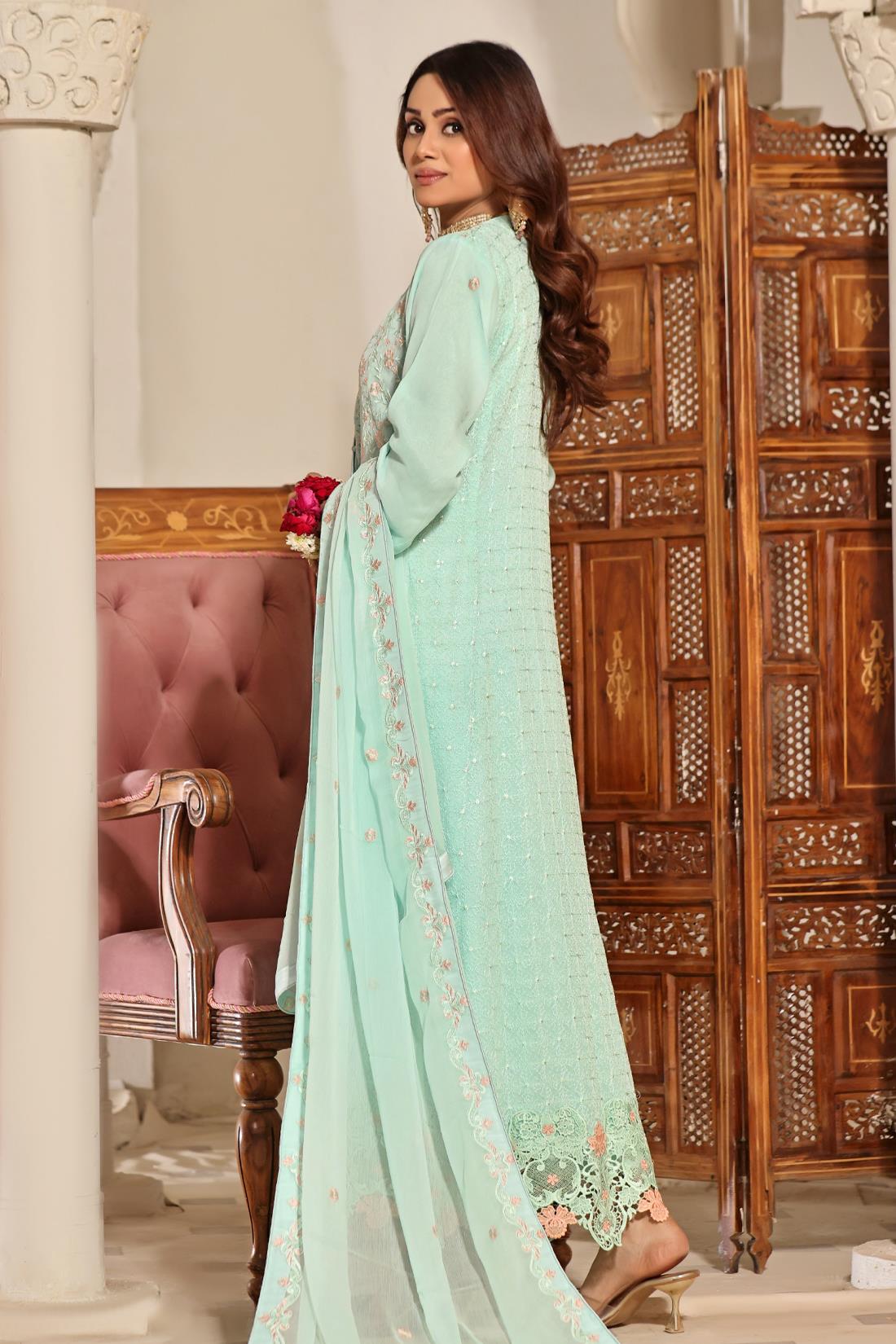 Mint Cutwork Raw Silk Luxury Pret