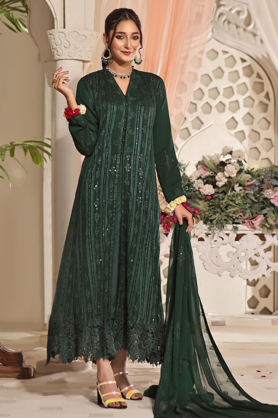 Bottle Green Cutwork Raw Silk Luxury Pret